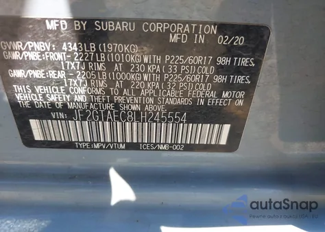 2020 Subaru Crosstrek Premium из США, поврежденный, VIN JF2GTAEC8LH245554